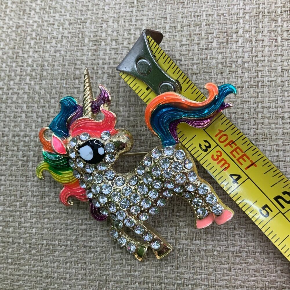 Unicorn Rainbow Enamel Rhinestone Gold Tone Brooch Pin - Picture 6 of 6